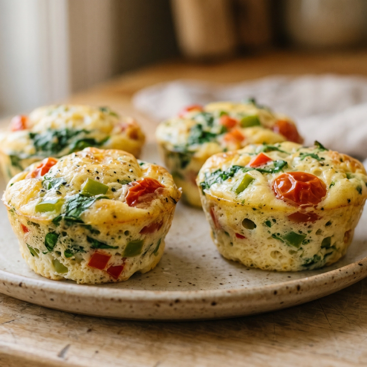 Egg muffin cups baked with spinach, cherry tomatoes, and bell pepper