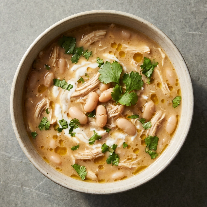 Slow cooker white bean chicken chili with shredded chicken, cannellini beans, green chiles, and fresh cilantro