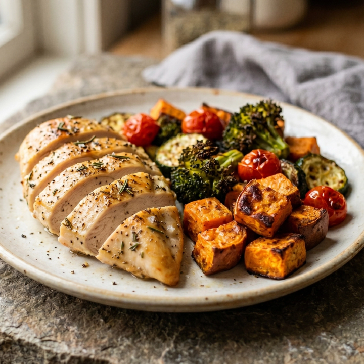 Sheet pan roasted chicken, broccoli, zucchini, and cherry tomatoes portioned into meal prep containers for the week