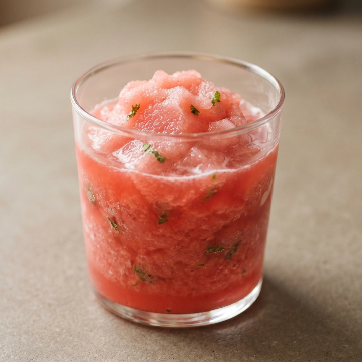 Bright pink watermelon mint slush in a glass with fresh mint
