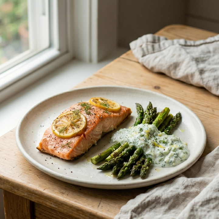 Baked salmon fillet with creamy cucumber dill yogurt sauce