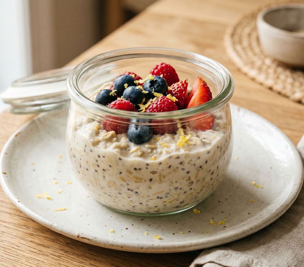Creamy overnight oats with berries and lemon