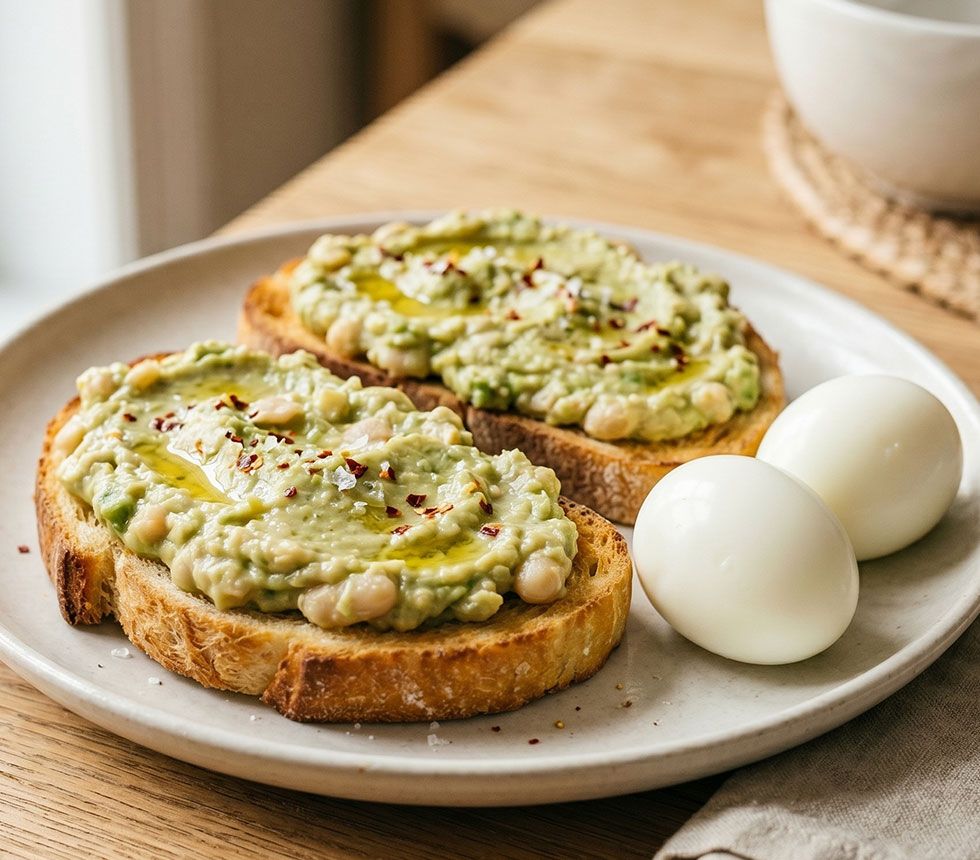 Creamy avocado and white bean smash on wheat grain toast with 2 hard boiled eggs on the side.