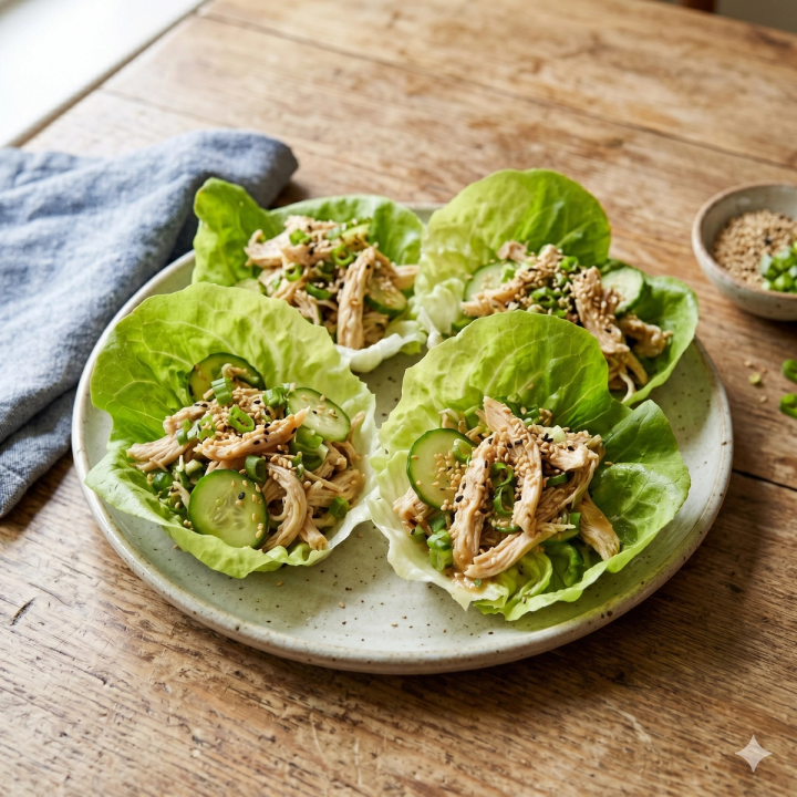 Shredded sesame ginger chicken served in butter lettuce cups with sliced cucumber and green onions