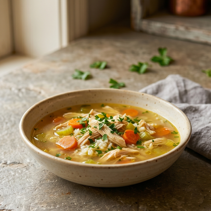 Chicken and rice soup with shredded chicken, carrots, celery, and white rice in a rich bone broth