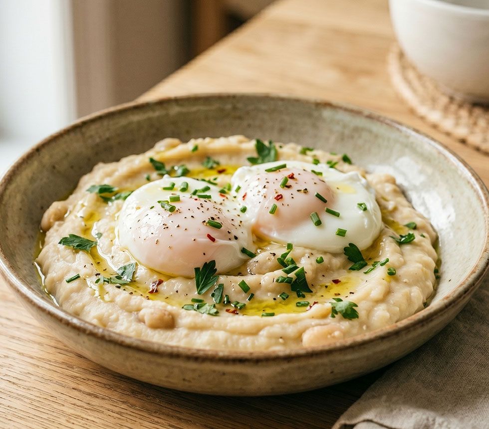 White bean mash with 2 poached eggs in a ceramic bowl.