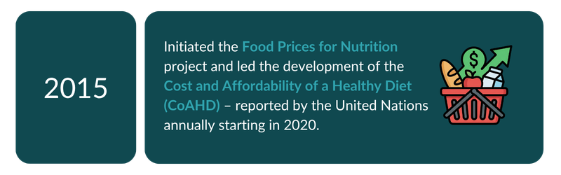 2015 — Initiated the Food Prices for Nutrition project and developed the Cost and Affordability of a Healthy Diet (CoAHD).