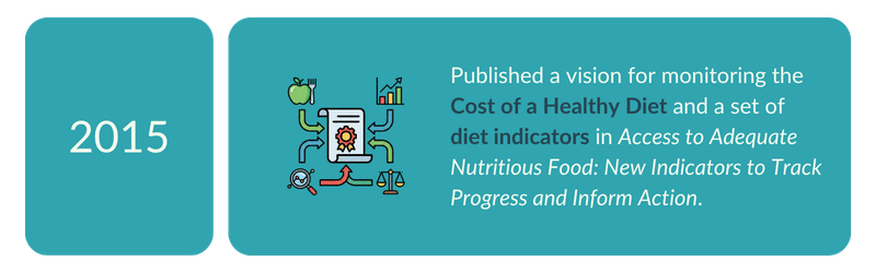 2015 — Published a vision for monitoring the Cost of a Healthy Diet and a set of diet indicators.
