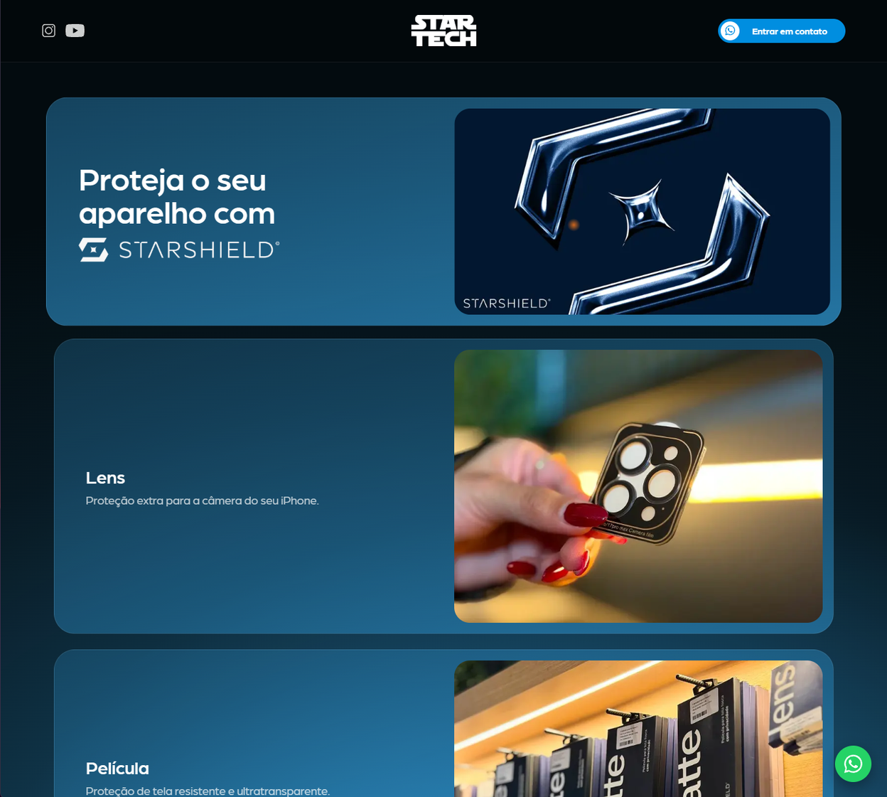 Topo do site da Startech: a faixa "Proteja o seu aparelho com Starshield" e os cards de Lens e Película, com o botão do WhatsApp flutuando no canto.
