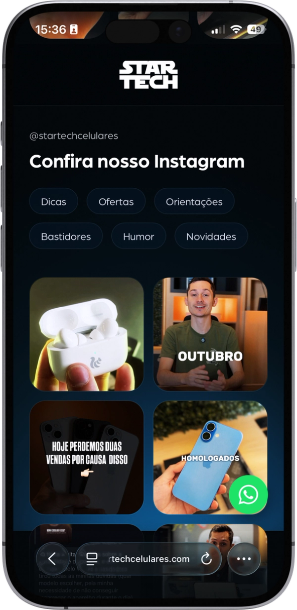 Site aberto no celular, na seção "Confira nosso Instagram", com os filtros de assunto e a grade de posts integrada.