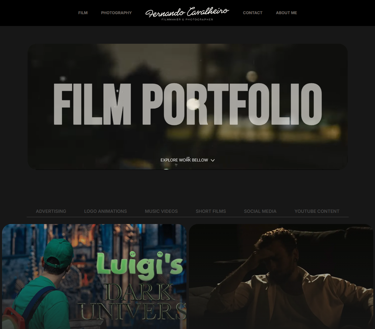 Página "Film Portfolio" do site, com as categorias de trabalho e os primeiros vídeos em grade, entre eles "Luigi's Dark Universe".