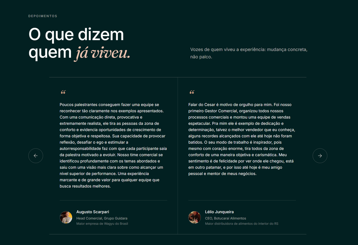 Seção de depoimentos do site, com dois relatos de clientes lado a lado sob o título "O que dizem quem já viveu".