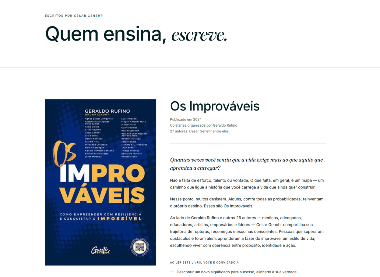 Página do livro "Os Improváveis", com a capa à esquerda e a descrição à direita.