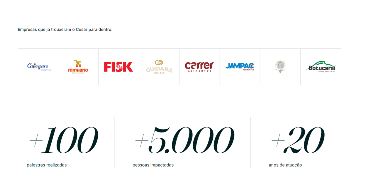 Faixa com os logos das empresas que já contrataram o Cesar e os números da trajetória: mais de 100 palestras, 5 mil pessoas impactadas e 20 anos de atuação.