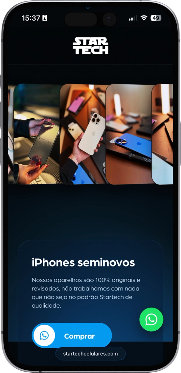 Site aberto no celular, na seção "iPhones seminovos", com o carrossel de fotos no topo e o botão "Comprar".