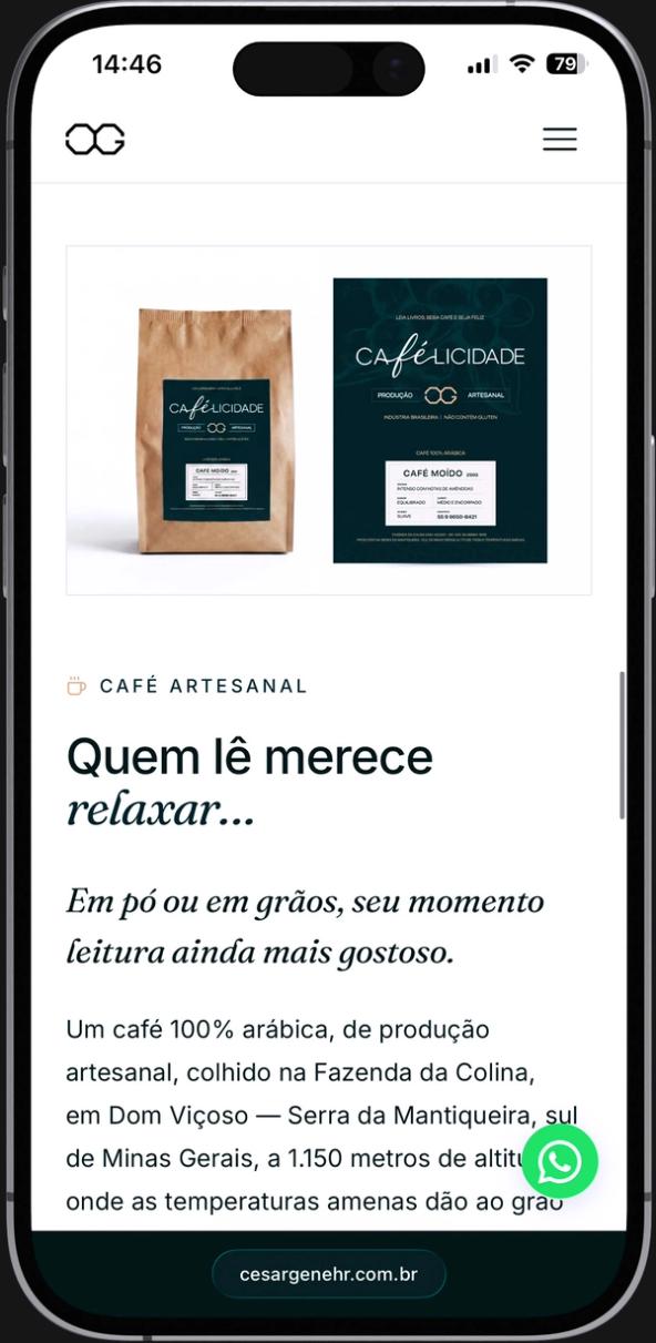 Página do café artesanal no celular, com a embalagem do Cafélicidade e o texto de apresentação do produto.