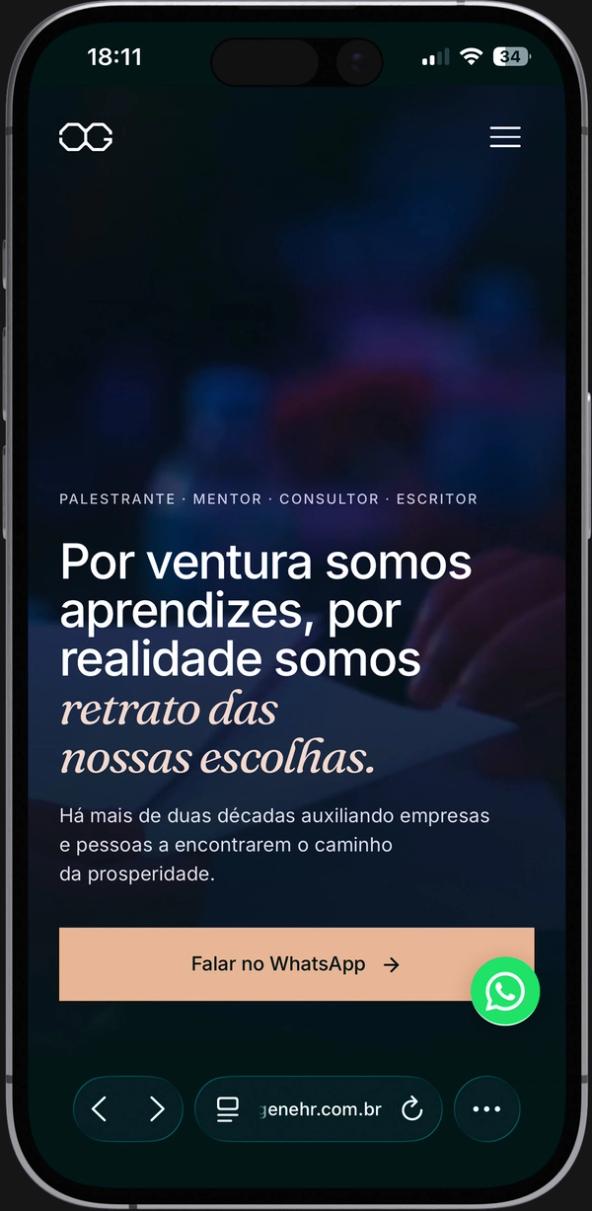 Topo do site aberto no celular, com a chamada "Por ventura somos aprendizes, por realidade somos retrato das nossas escolhas" e o botão do WhatsApp.