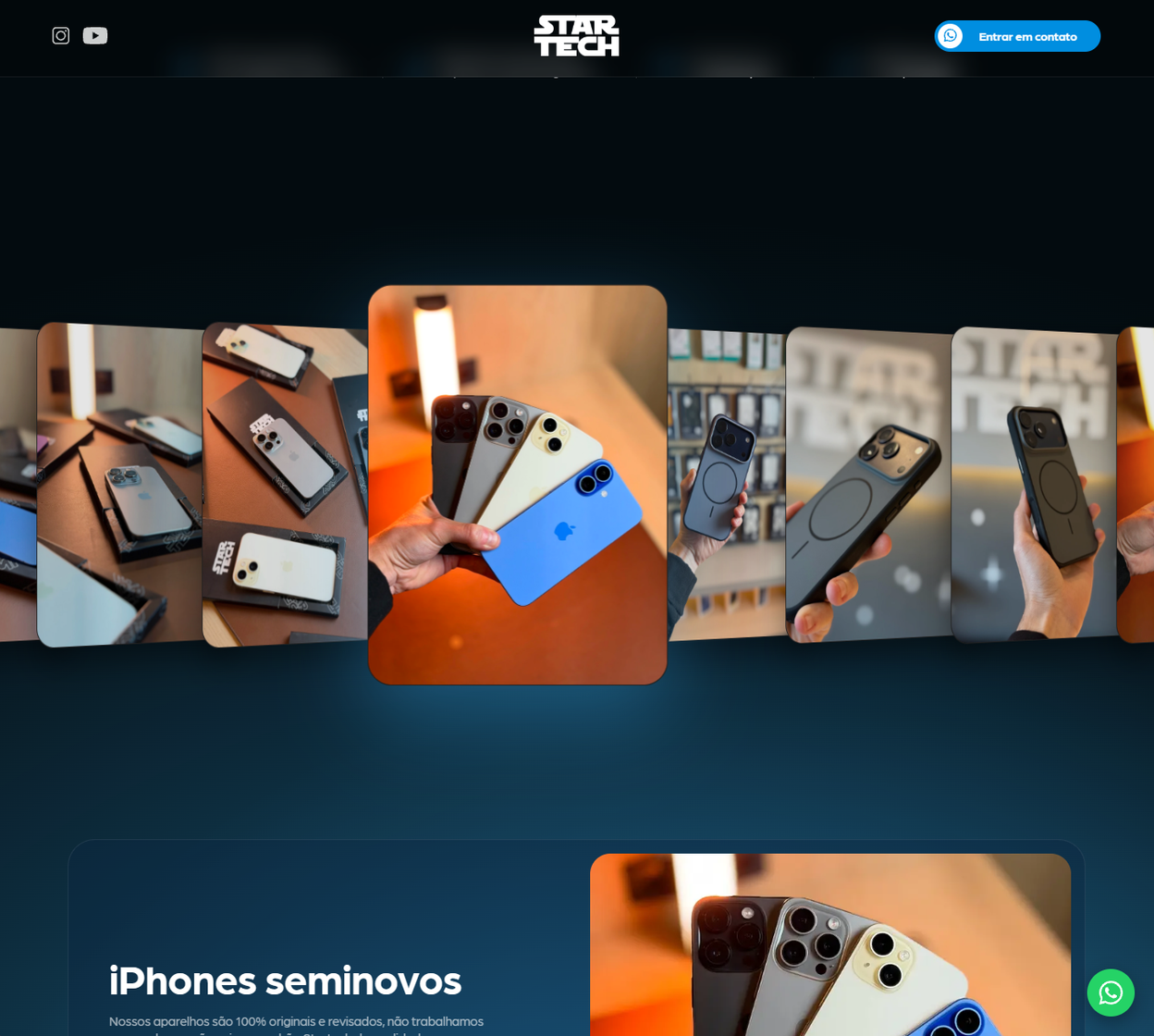 Carrossel de fotos interativo com iPhones seminovos, com a foto central em destaque, e o começo da seção "iPhones seminovos" logo abaixo.