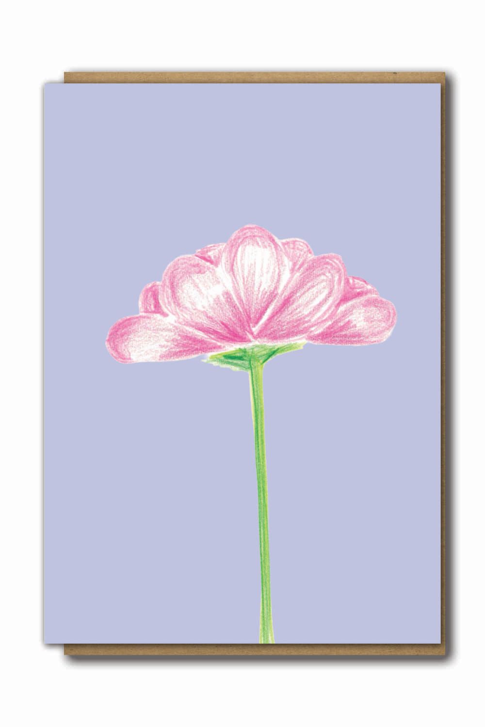 Greeting Card Pink Flower on Lilac Background with a brown paper envelope