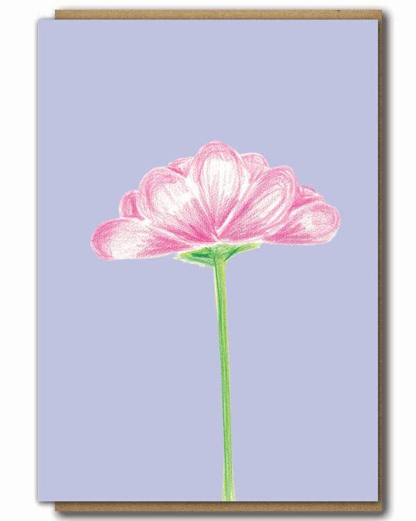 Greeting Card Pink Flower on Lilac Background with a brown paper envelope
