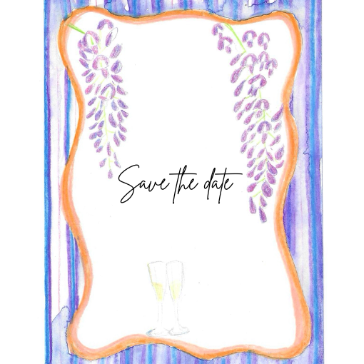 Save the date card hand painted with wisteria flowers and stripes