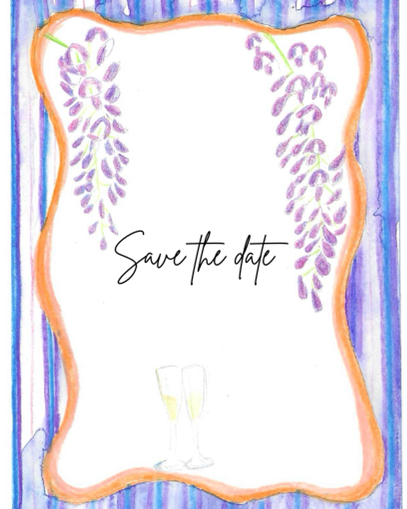 Save the date card hand painted with wisteria flowers and stripes