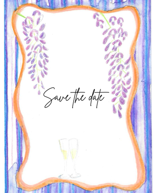 Save the date card hand painted with wisteria flowers and stripes