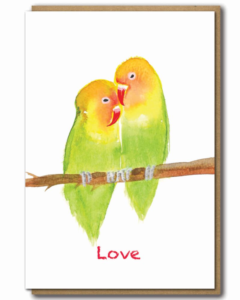 Greeting Card Lovebirds with a brown paper envelope