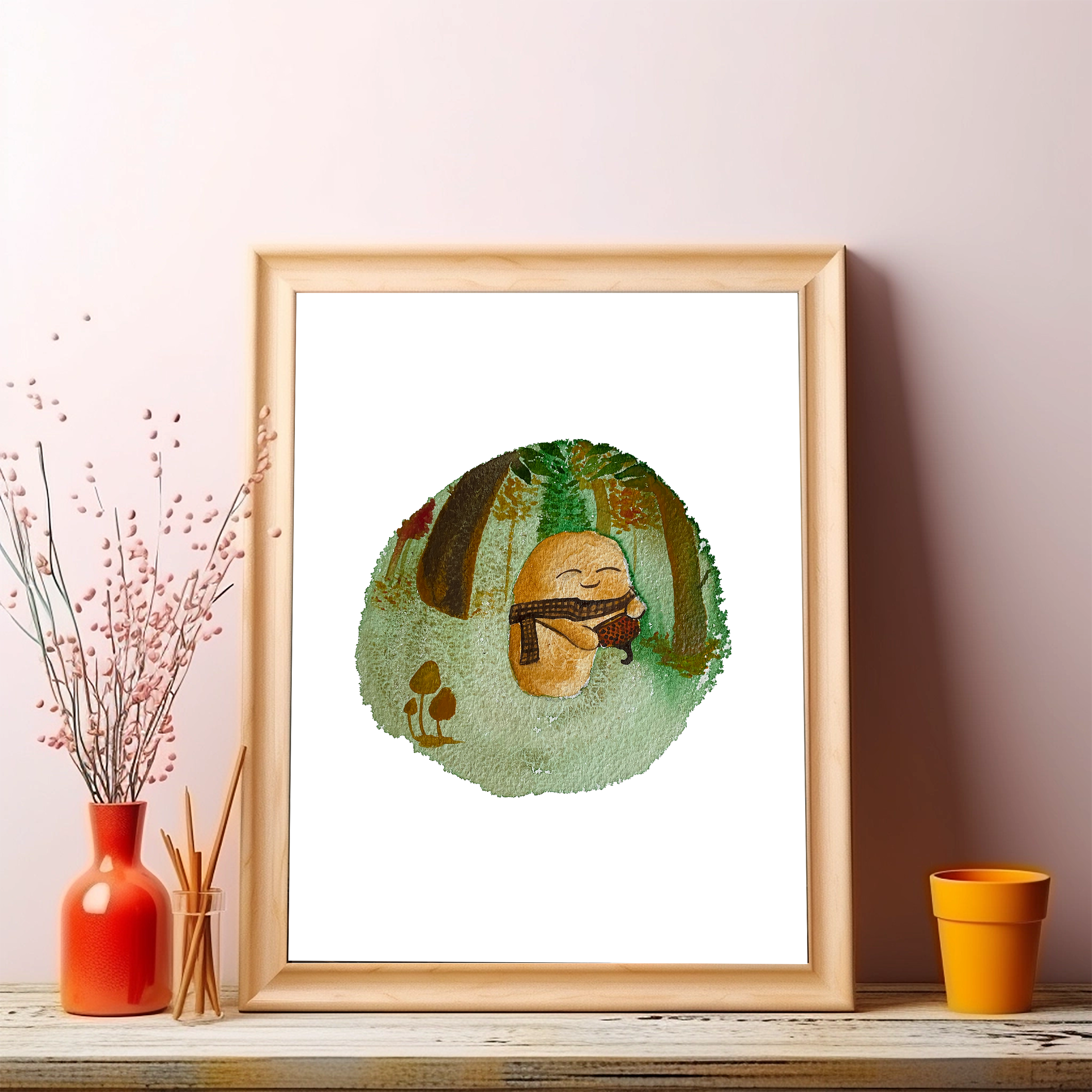 Cute creature with a tartan scarf drinking tea in a fantasy fall forest 