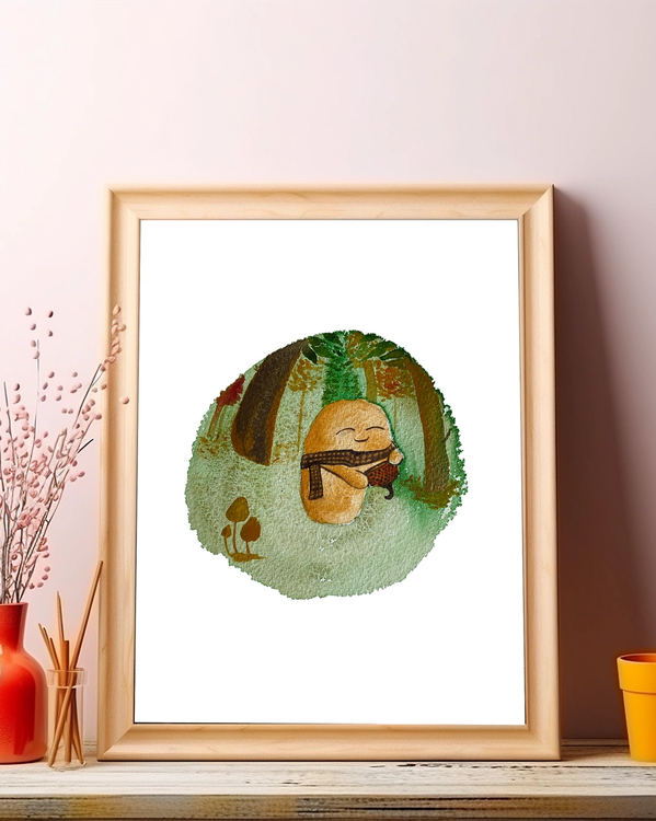 Cute creature with a tartan scarf drinking tea in a fantasy fall forest 