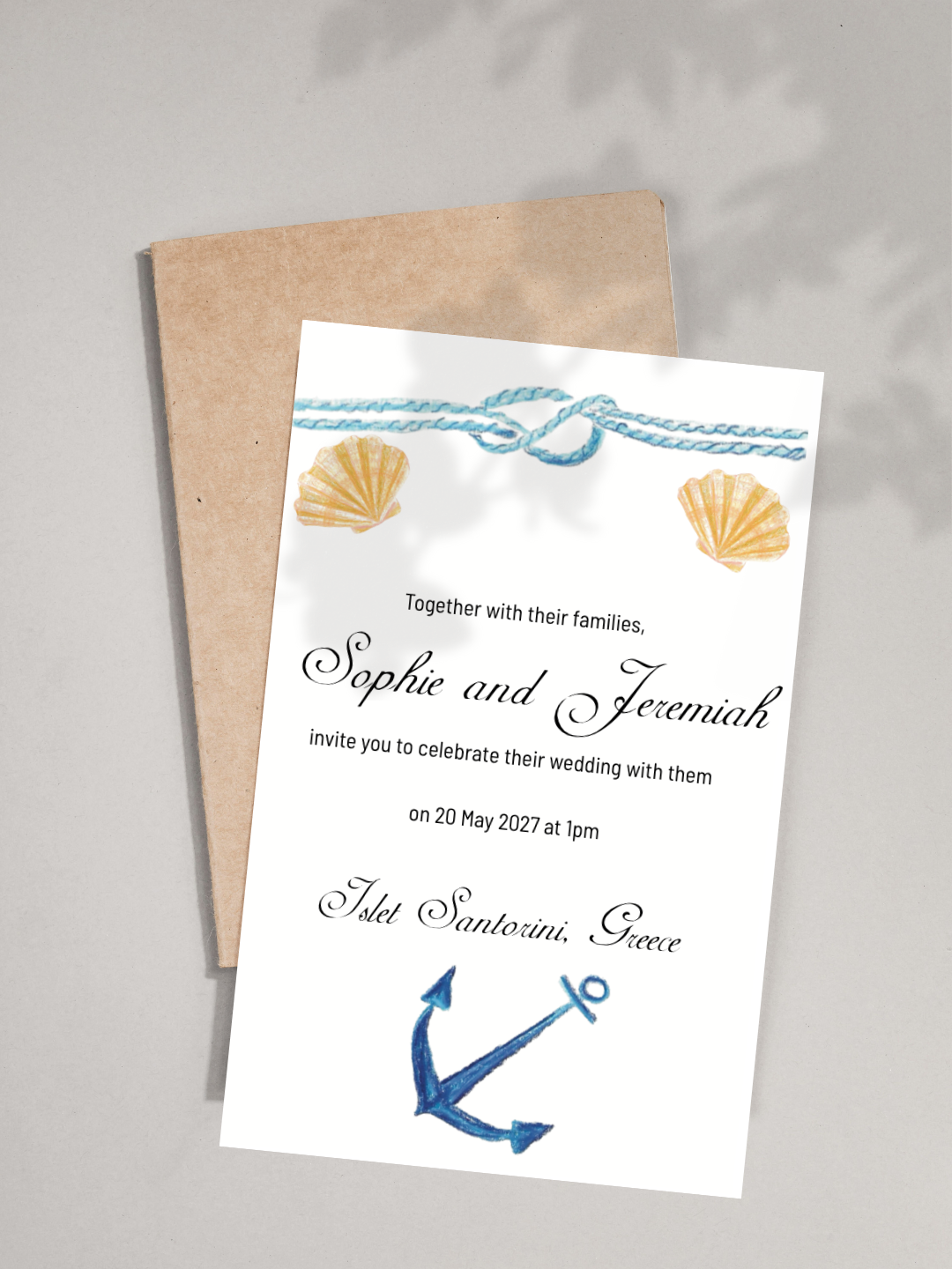 Nautical Wedding Invitation with rope, anchor, shell and a white background