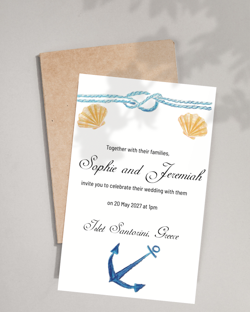 Nautical Wedding Invitation with rope, anchor, shell and a white background