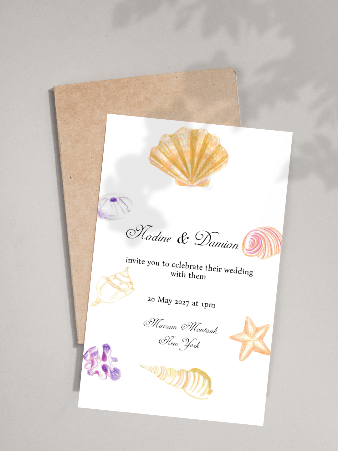 sea shell watercolour wedding invitation with a white background