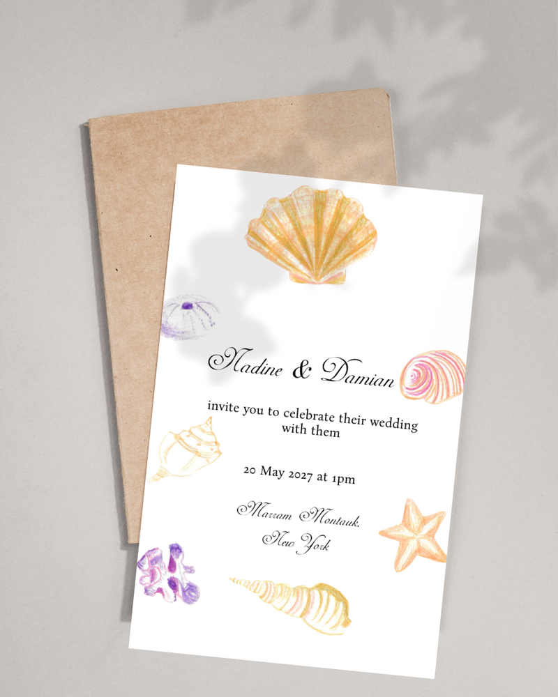 sea shell watercolour wedding invitation with a white background