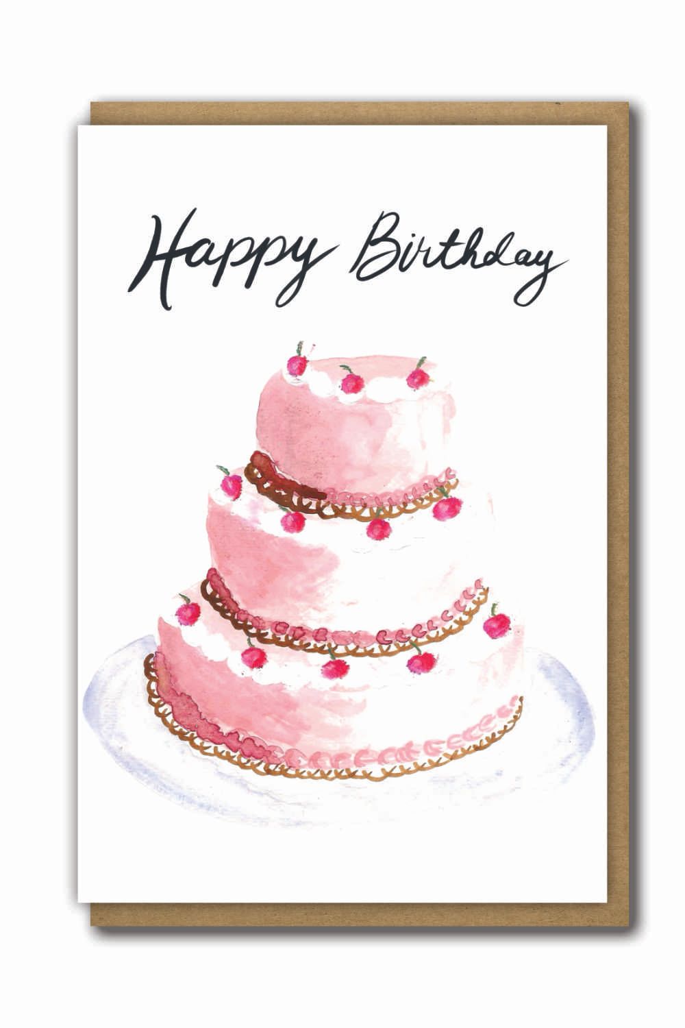 Greeting Cards Birthday Pink Cake Blue 
