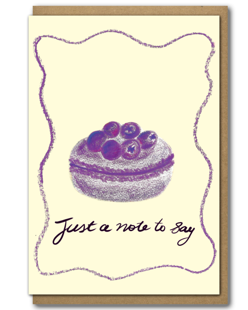 Greeting Card Blueberry Macaron with a brown paper envelope