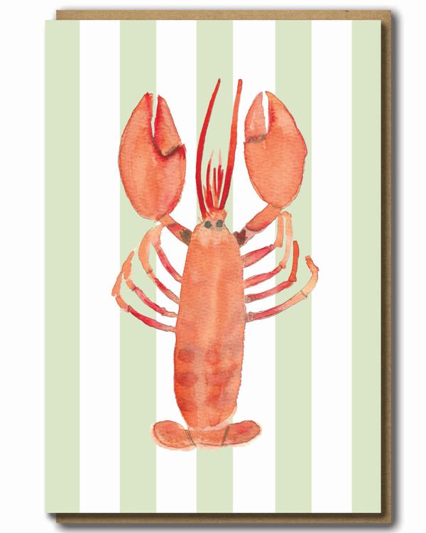 Greeting Card Lobster with a striped Background with a brown paper envelope