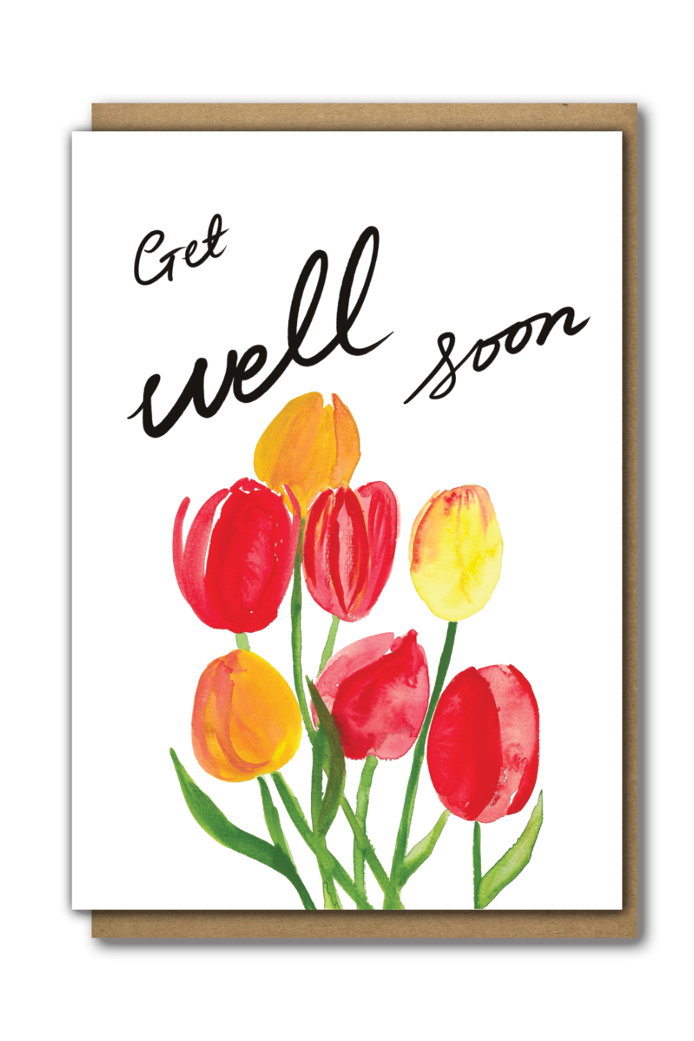Greeting Card Get Well Soon Orange Red Yellow Tulips
