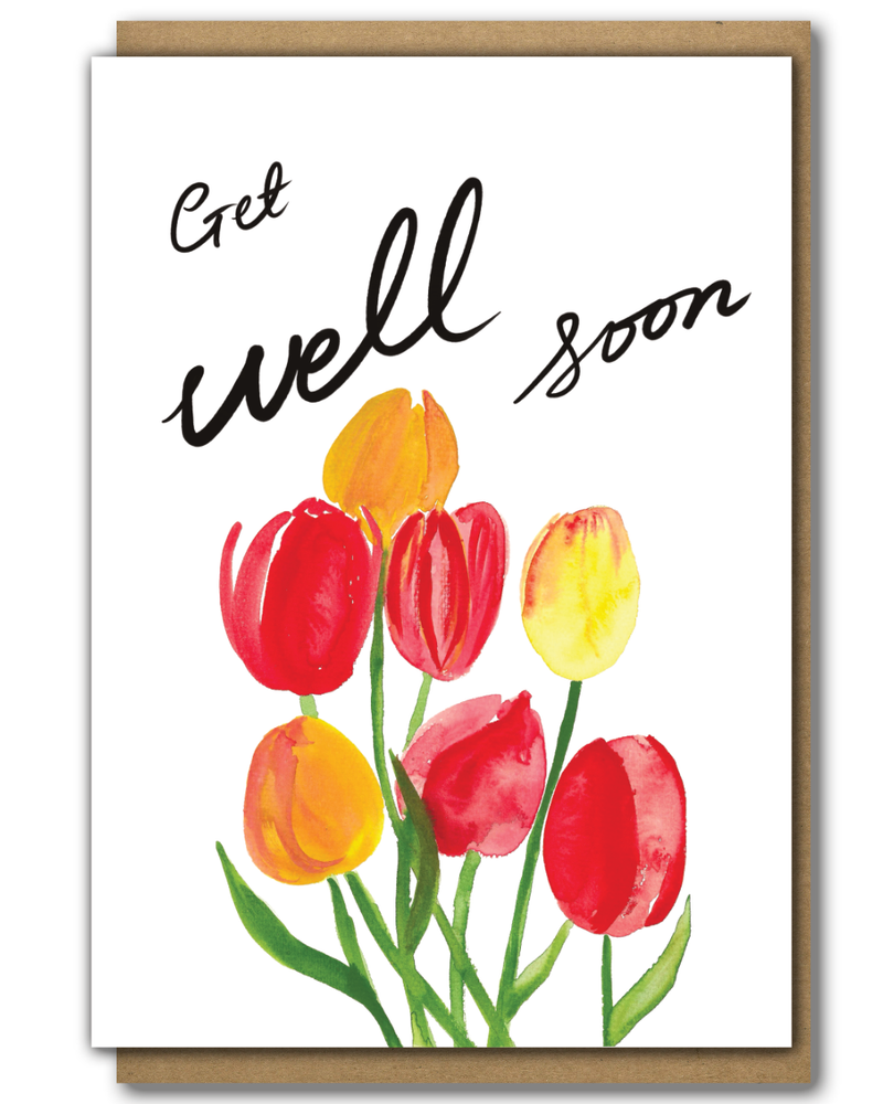 Greeting Card Get Well Soon Orange Red Yellow Tulips