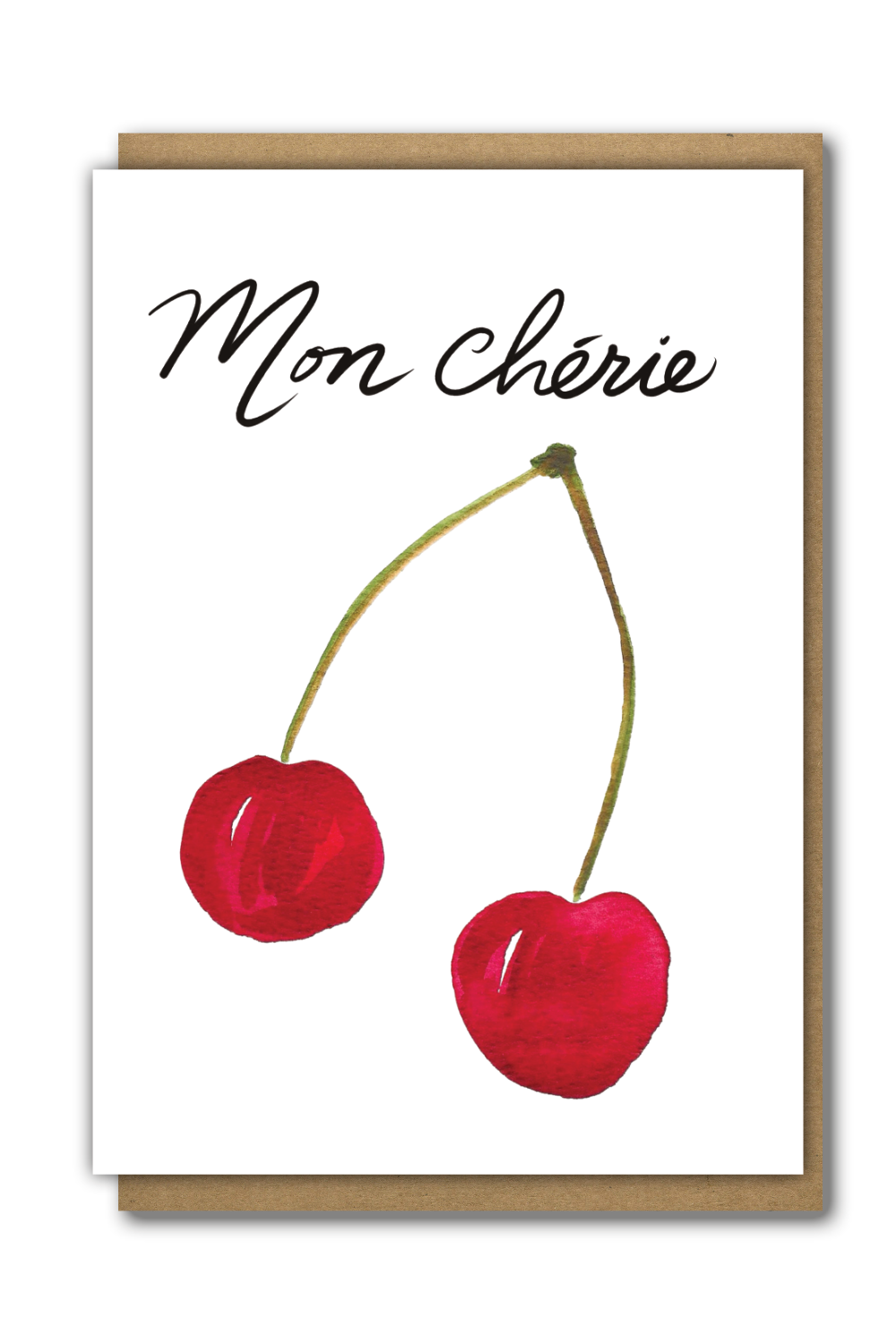 Greeting Card Mon Cherie watercolour cherries and cursive script
