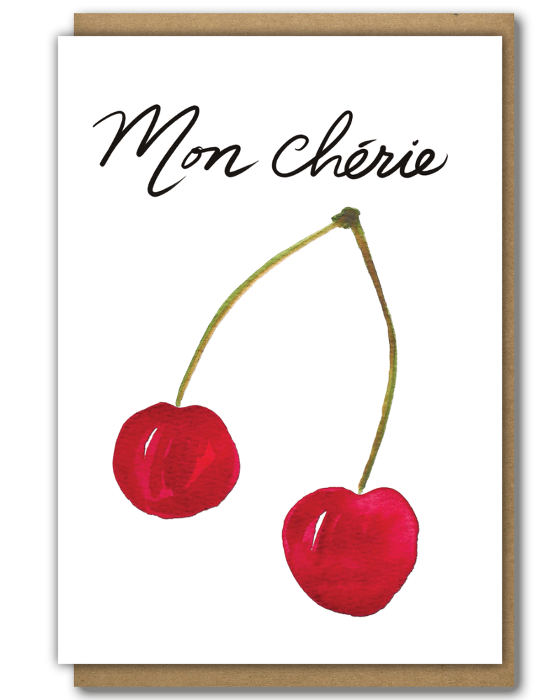 Greeting Card Mon Cherie watercolour cherries and cursive script