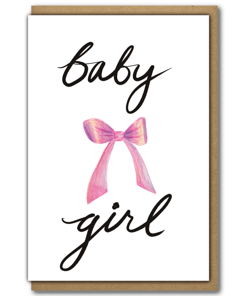 Greeting Card Baby Girl in cursive writing with a pink bow