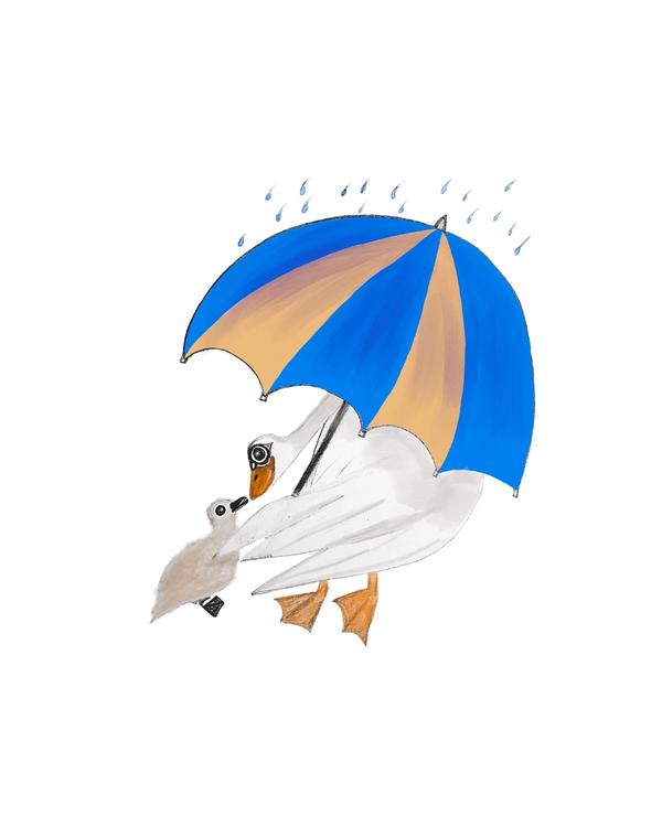 Mother goose and baby goose under a blue and yellow umbrella on a rainy day