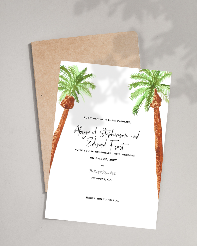 watercolour palm trees on border of illustration with cursive writing