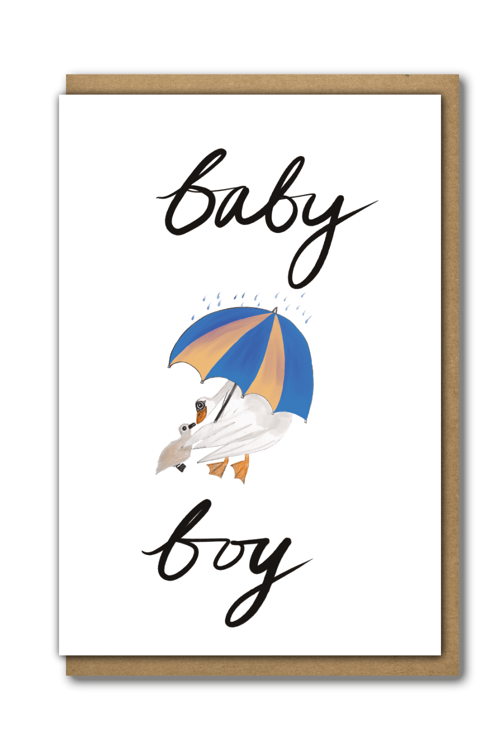 Greeting Card Baby Boy in cursive writing with two swans and an umbrella