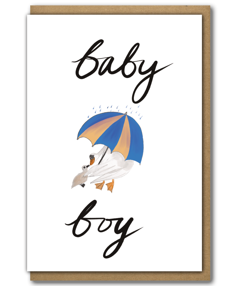 Greeting Card Baby Boy in cursive writing with two swans and an umbrella