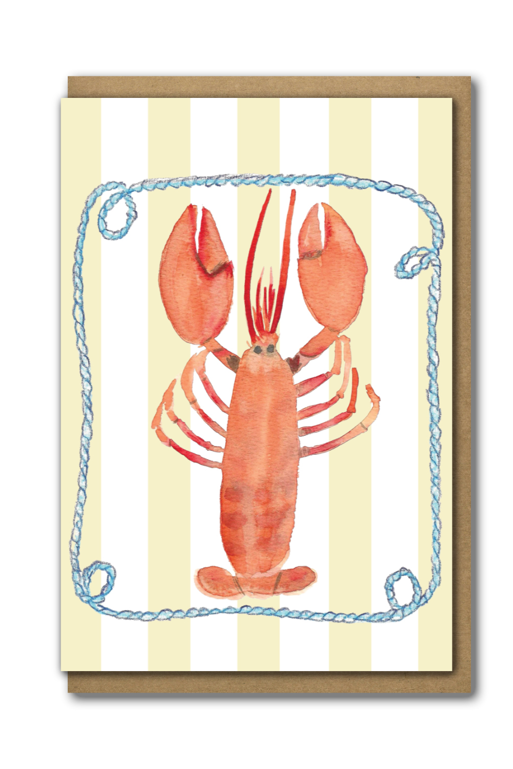 Greeting Card Lobster with a striped Background with a brown paper envelope