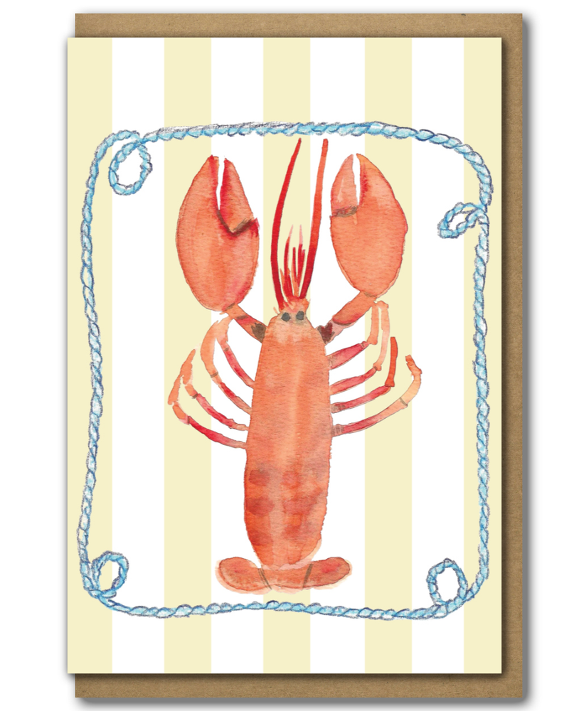 Greeting Card Lobster with a striped Background with a brown paper envelope