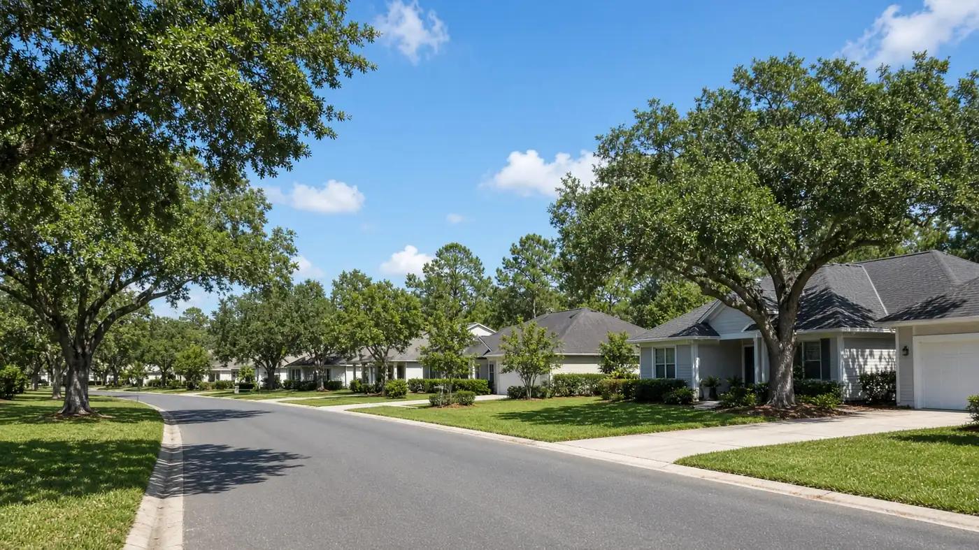 Tree-lined mainland Clearwater street of single-family homes on higher, dry ground