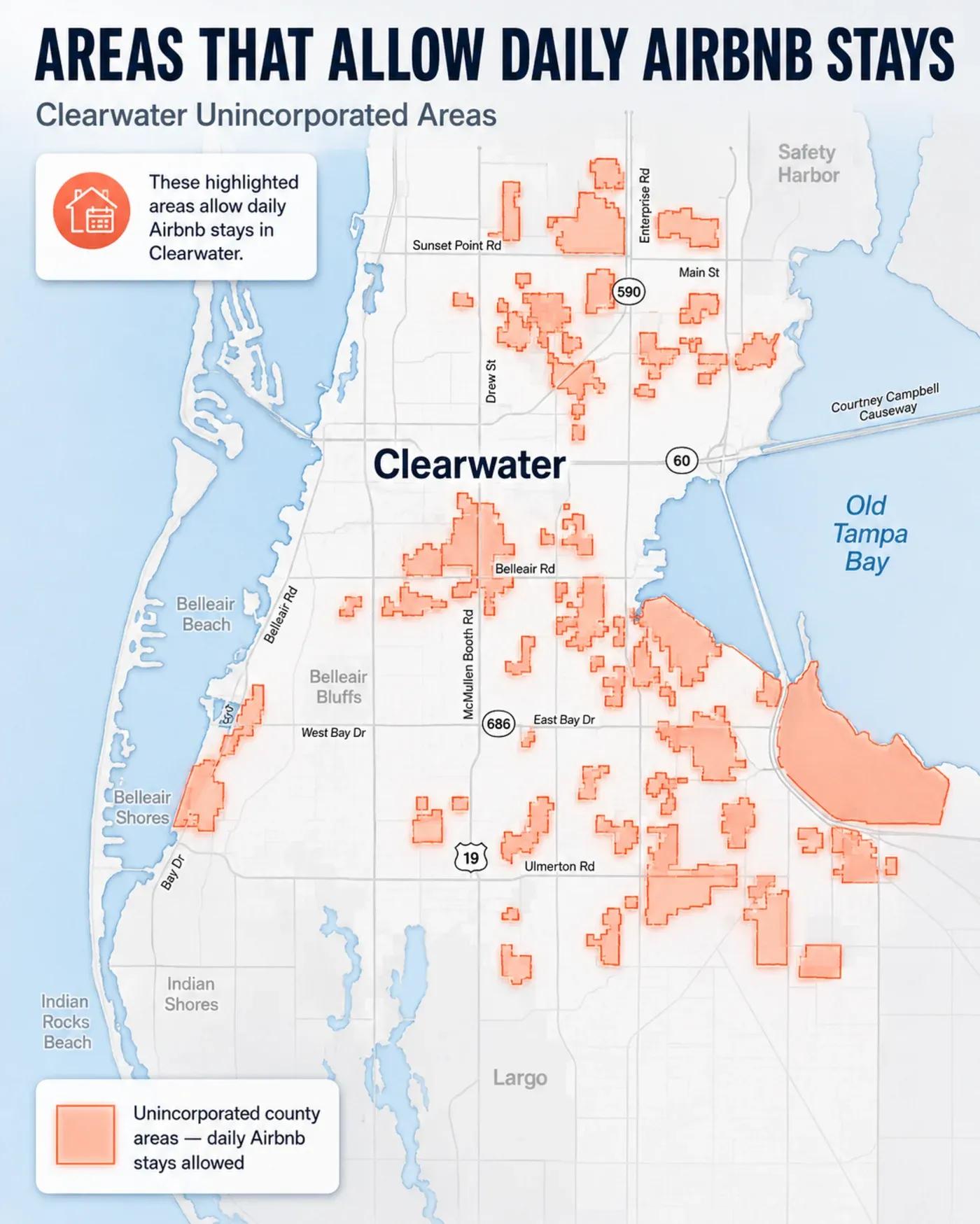 Map of unincorporated Pinellas County areas around Clearwater where county short-term rental rules may apply
